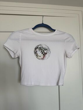 Garage White Crop Tee with Shiny Disco Ball Graphic